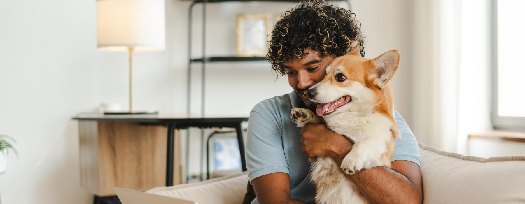 a person and a dog on a couch with a laptop